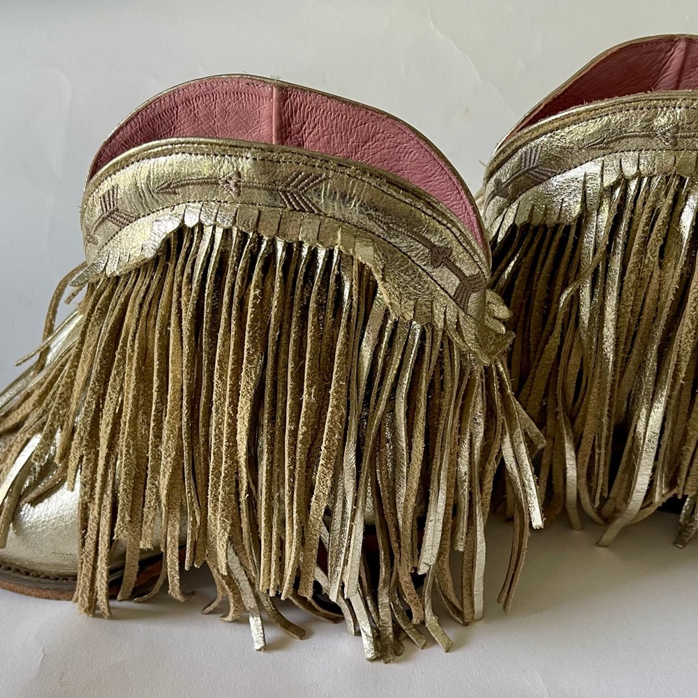 JUNK GYPSY by Lane Spitfire Gold Fringed leather cowboy Boots booties SNIP TOE - Picture 4 of 9